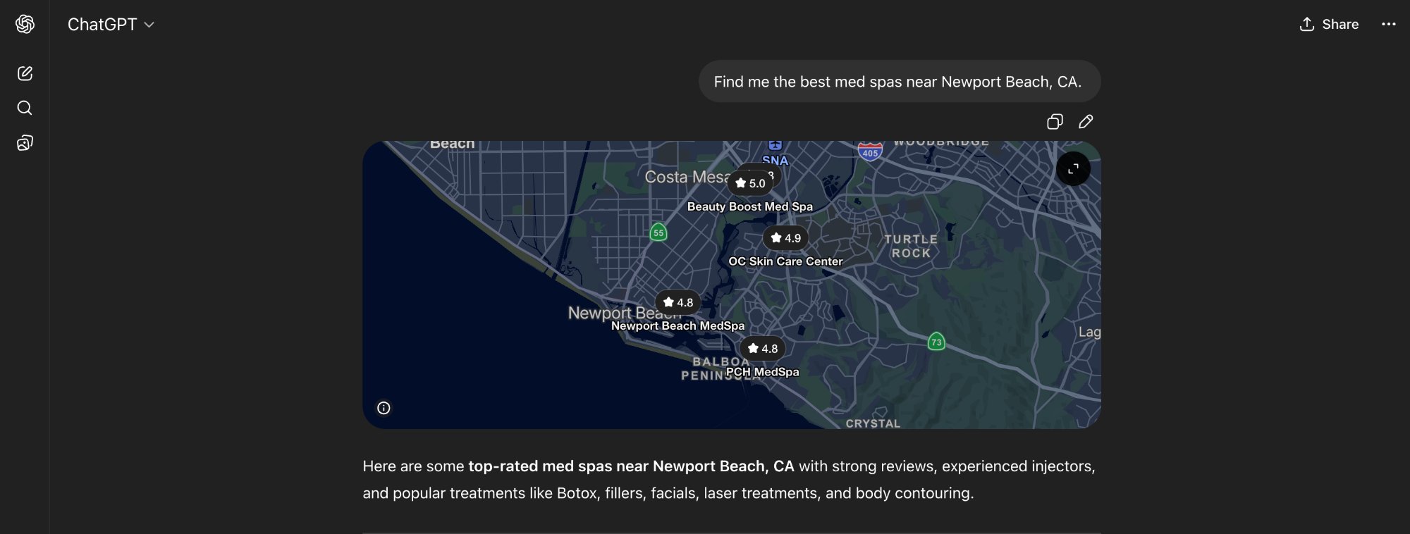 ChatGPT showing med spa results near Newport Beach, CA